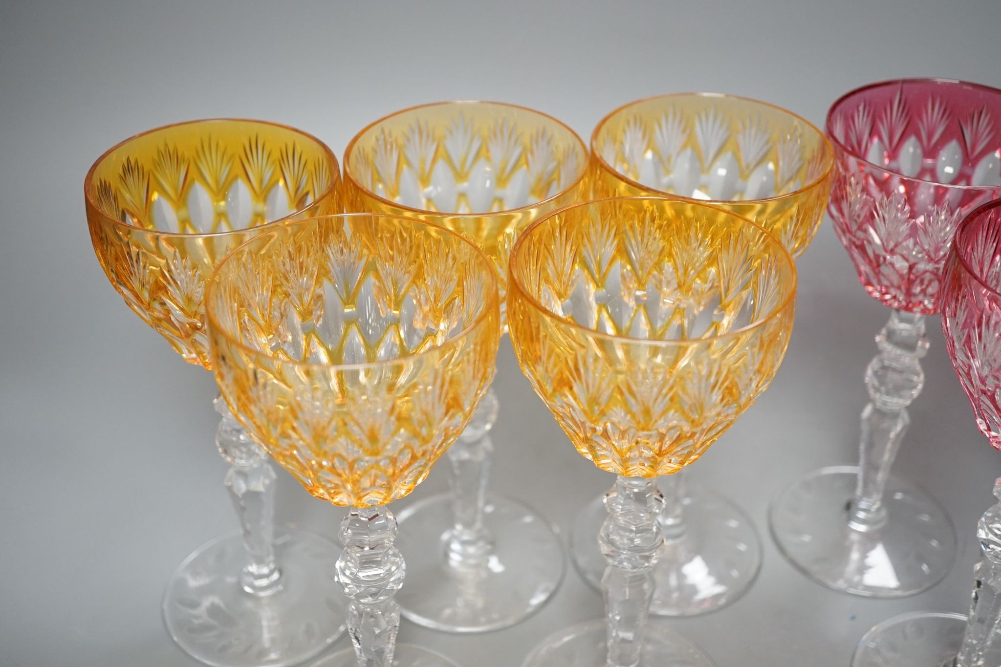 Eight hock or claret wine glasses, with colour flashed bowls, 20cm